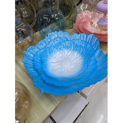 Picture of Premium Sky Blue Floral Shaped Glass Serving Bowl Set of 3 Elegant Decorative Fruit Plates and Dessert Dishes for Modern Home Decor, Festive Dining, Luxury Weddings, and Stylish Table Centerpiece Gift Item.-Multicolor