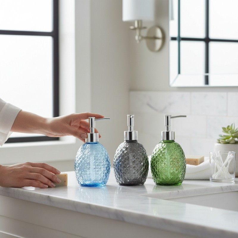 Picture of Elegant glass soap dispenser featuring a distinctive diamond-cut pineapple-textured pattern in multiple colors with a premium pump perfect for enhancing your bathroom vanity decor or modern kitchen sink countertop with style today.-Multicolor