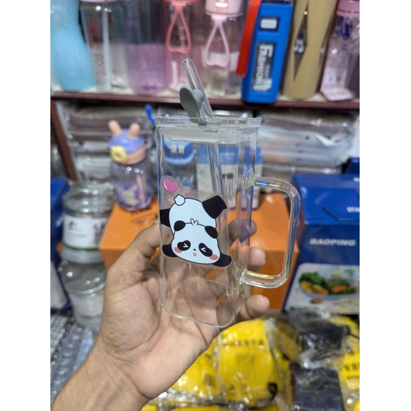 Picture of Cute Panda Dual-Use Glass Mug with Lid and Straw, 300ml High Borosilicate Heat-Resistant Tumbler, Reusable Drinking Cup for Hot & Cold Beverages, Kids & Adults-Multicolor