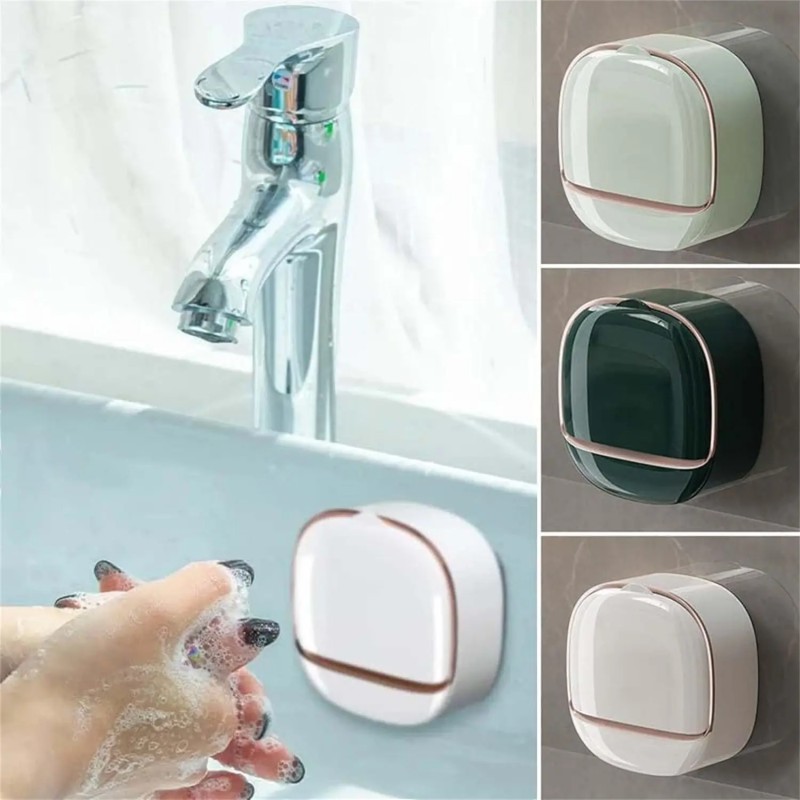 Picture of Luxury Wall Mounted Flip Top Soap Dish Holder with Lid Waterproof Dustproof Punch Free Adhesive Installation Soap Box for Bathroom Kitchen Sink Modern Durable Plastic Soap Storage Case with Drainage Tray Green.-Multicolor