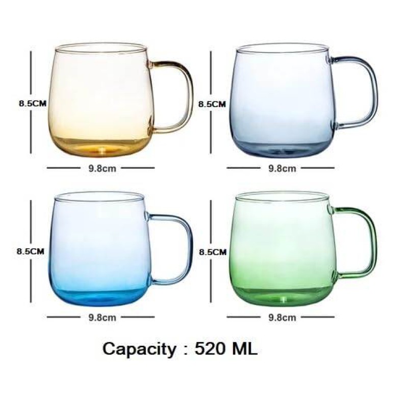 Picture of Pack of 4 Borosilicate Glass Mugs - 520ml, Microwave Safe, Scratch Resistant, Lightweight, Multicolor Set, Round Shape, No Lid, Ideal for Tea, Coffee, Milk & Cold Drinks, GPB27-ML.-Multicolor