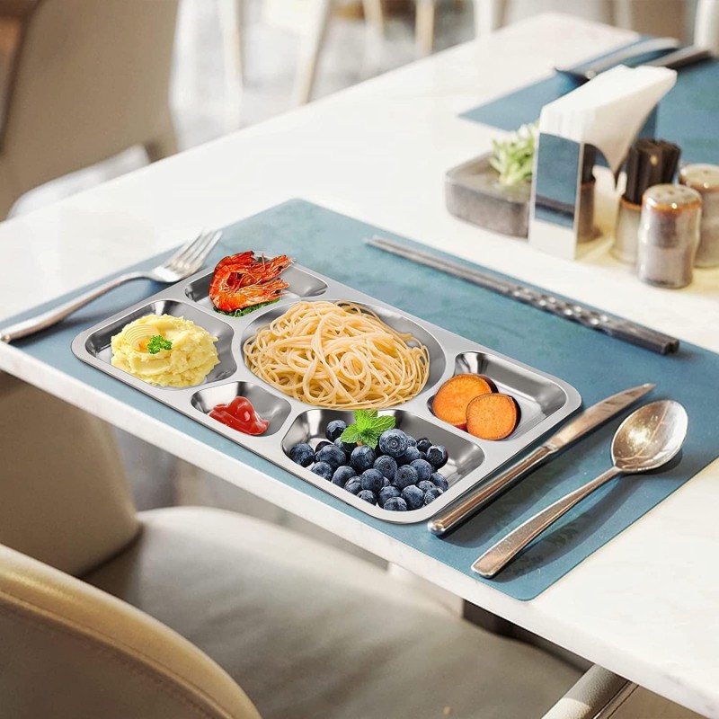 Picture of Stainless Steel Divided Plate, Dinner Snack Serving Plate with 6 Compartment, Metal Food Trays for Kids, Adults, Camping, Diet Food Portion Control, Picky Eaters  40cm X 30cm-Silver