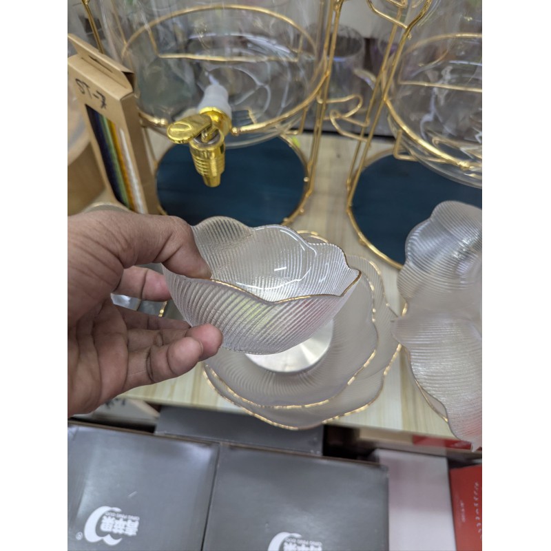 Picture of Premium Lotus Flower Shaped Glass Serving Bowl Set with Elegant Golden Rim; Luxurious Scalloped Textured Clear Glassware for Salad, Fruit, and Dessert Display, Ideal for Wedding Gifts and Modern Home Kitchen Deco-Multicolor