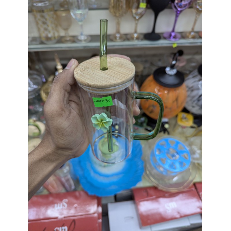 Picture of Borosilicate Square Glass Mug with Green Handle and Bamboo Lid for Iced Coffee Juice Milk Tea and Soda Glass Straw Tumbler with 3D Plumeria Flower Decoration for Stylish Home Gift.-Multicolor