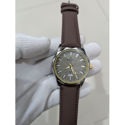 Picture of Premium Men's Watch featuring a Textured Gray Dial and Genuine Brown Leather Strap, designed with Luxury Analog Display, Date Function, Stainless Steel Case, and Elegant Business Casual Style for Modern Gentlemen.-Chocolate