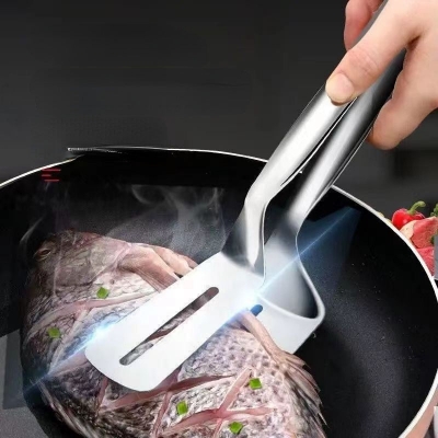 Picture of 1 pcs Stainless Steel Double-Sided Shovel Clip Anti-Scald BBq Barbecue Tong Fried Steak Shovel Fried Fish Shovel Vegetable Clamp Tool-Silver