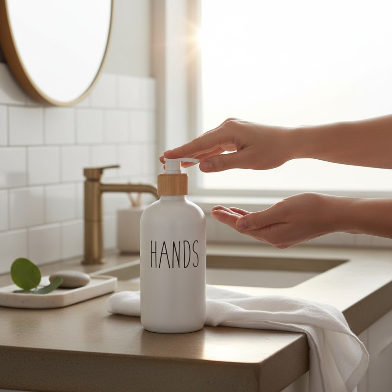 Picture of Premium white glass refillable soap dispenser set for hands and dishes featuring a coordinated kitchen look with durable pumps perfect for enhancing your sink vanity decor with elegant and modern style.-white