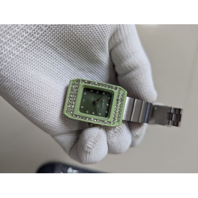 Picture of Luxury Women’s Silver Metal Watch Featuring Lime Green Square Case Rhinestone Crystal Bezel Textured Emerald Green Dial and Premium Stainless Steel Link Bracelet Band for Elegant Fashion Statement and Reliable Timekeeping.-Multicolor