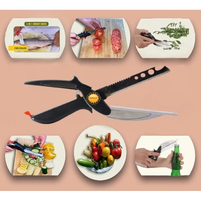 Picture of 5 in 1 Smart scissor   Stainless Steel Multi Functional Kitchen Vegetable Clever Cutter Scissor for Home/Kitchen with Lock System Clever Cutter Chopper Pack of 1-Multicolor