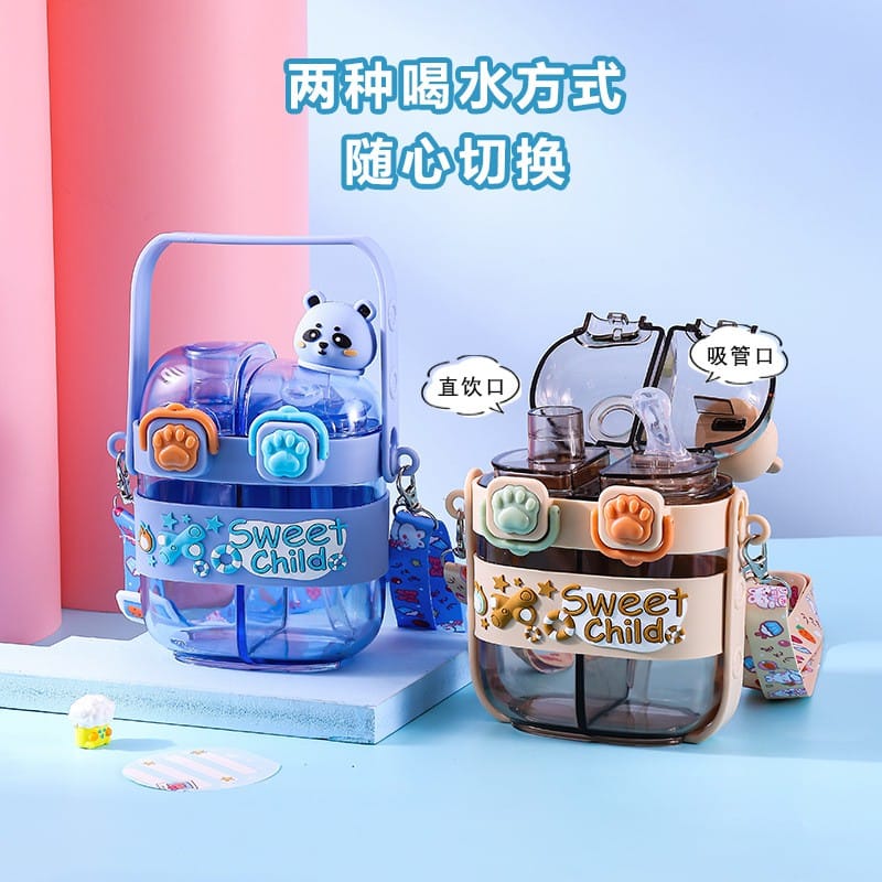 Picture of 500ml Kids Cartoon Panda Water Bottle with Straw | Cute Plastic Drinking Cup for Children | Durable Food Grade Material | Portable Double Drink Mug for School Travel Home Daily Use gry-grey