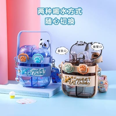 Picture of 500ml Kids Cartoon Panda Water Bottle with Straw | Cute Plastic Drinking Cup for Children | Durable Food Grade Material | Portable Double Drink Mug for School Travel Home Daily Use gry-grey