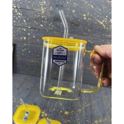 Picture of Clear 490ml Square Glass Cup with Colorful Handle, Acrylic Lid & Straw - Borosilicate Glass Milk Juice Tumbler Coffee Mug - Microwave Safe, Scratch Resistant - 1PCS.-green