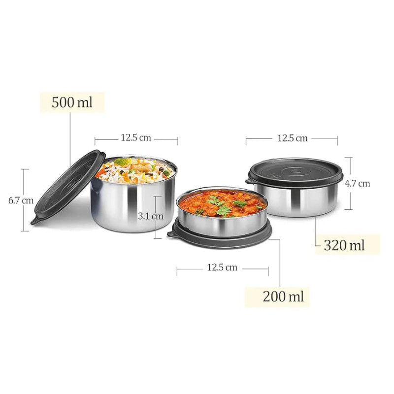 Picture of Milton Tasty 4 Stainless Steel Lunch Box with bag, black  3 in 1. 200,320 & 500 ml-Black