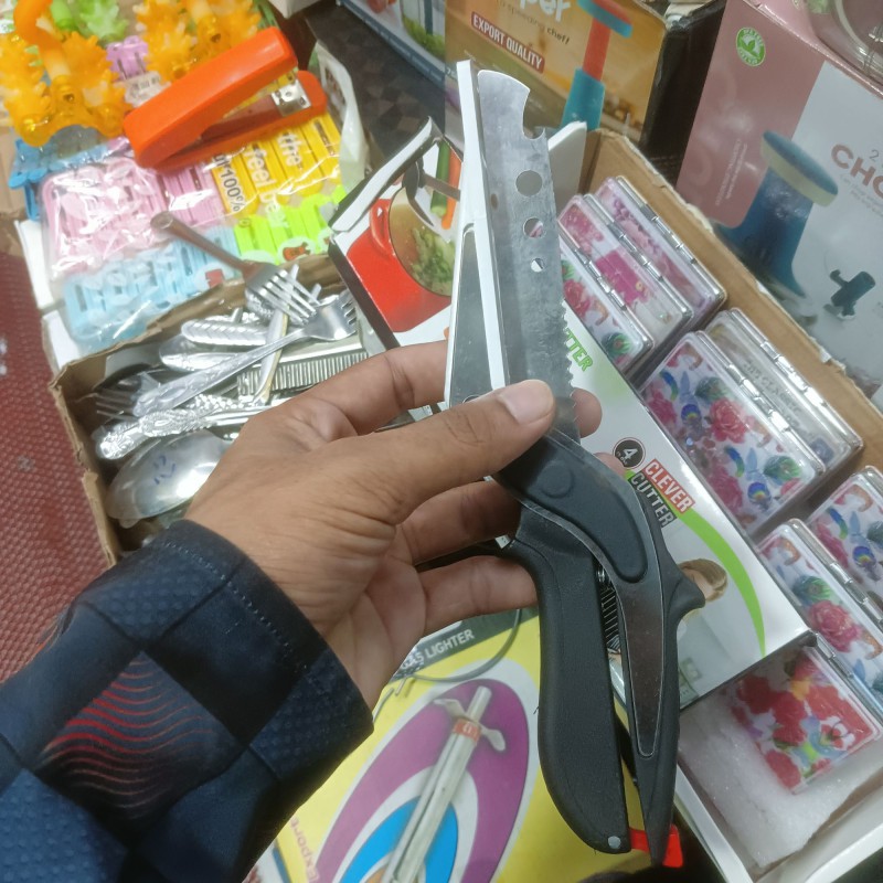 Picture of 5 in 1 Smart scissor   Stainless Steel Multi Functional Kitchen Vegetable Clever Cutter Scissor for Home/Kitchen with Lock System Clever Cutter Chopper Pack of 1-Multicolor
