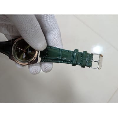 Picture of Men's Quartz Watch with Premium Green Leather Strap, Rose Gold Bezel, and Olive Green Dial Business Fashion Wristwatch Featuring Luminous Hands, Date Week Display, and Daily Water Resistance Features.-Green
