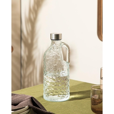 Picture of Convenient 1000ml Hammered Glass Beverage Bottle, Handle Included, Spill-Proof Stainless Steel Screw Lid – Optimal for Juices, Water, Gym & Office Use.-Multicolor