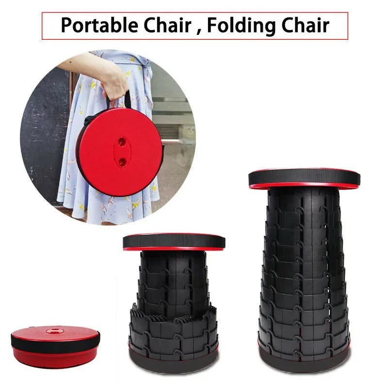 Picture of 1PCS Stretchable Foldable Stool – Adjustable Height Round Plastic Chair, Portable Lightweight Design, 330LB Capacity, Ideal for Home, Camping, Fishing, Outdoor Travel, Black-red