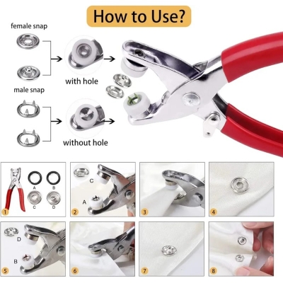Picture of 200 pcs Thickened Snap Fasteners Kit (100PCS Silver Button + 100PCS Color Ring) Five-Claw Buckle Set with Hand Pressure Pliers Tool-Multicolor