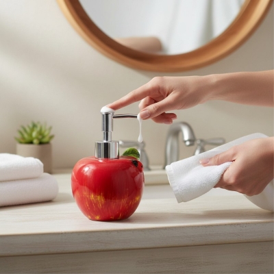 Picture of Premium red apple-shaped ceramic soap dispenser for bathroom vanity decor featuring a durable rust-proof pump and refillable liquid hand soap container designed to add a stylish touch to your modern kitchen sink.-Red
