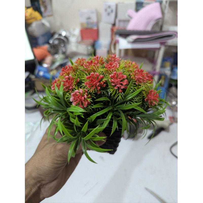 Picture of Premium Wild Artificial Flower Plant with Pot for Home Office Decor Featuring Realistic Red Petals and Vibrant Green Leaves Perfect for Tabletop Desk Balcony Living Room and Indoor Decoration Gift Item.-Multicolor