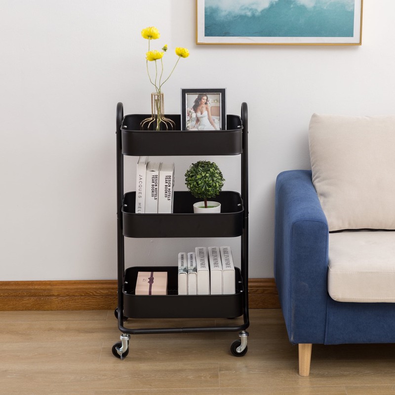 Picture of Heavy Duty Rubbermaid Mobile Storage Organizer 3-Tier Metal Mesh Rolling Utility Trolley Cart With Handle for Kitchen & Bathroom, Black-Black