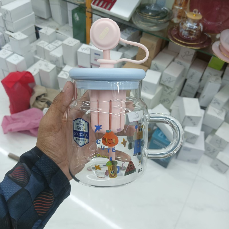 Picture of 1 pcs  Cup with Straw and silicon lid for Women, Cute Printed Design, Food Grade Material, Heat Degree Cup, Separation Tea Filter, Standardization with Handle 950 ml pink-Pink