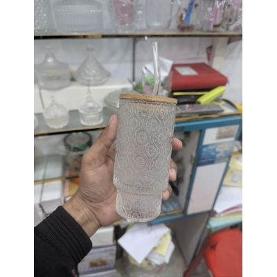 Picture of Premium Damask Embossed Clear Glass Tumbler with Eco-Friendly Bamboo Lid & Reusable Glass Straw for Iced Coffee, Juice, Smoothies, & Cold Beverages: Stylish BPA-Free 16oz Drinking Cup-Multicolor