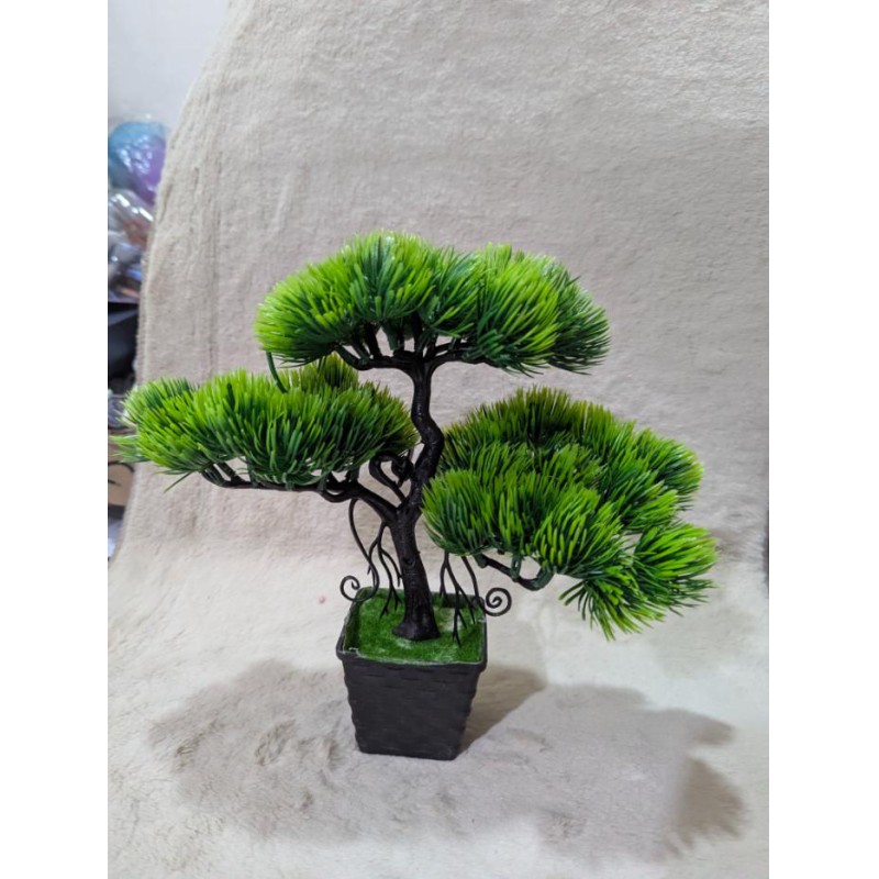 Picture of Artificial Bonsai Pine Tree in Black Decorative Pot – Realistic Faux Greenery for Home Office Desk Decor, Bookshelf, and Indoor Zen Aesthetic Styling-Green