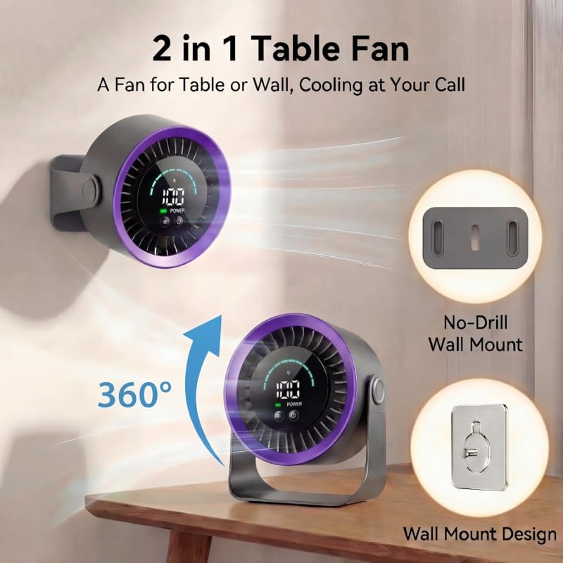 Picture of Desk Fan with LED Digital Display, USB Rechargeable Quiet Desktop Fan, Touch Control Portable Mini Table Fan with 5 Speed Modes, 360°Adjustable Tilt for Bedroom, Office & Home-Multicolor