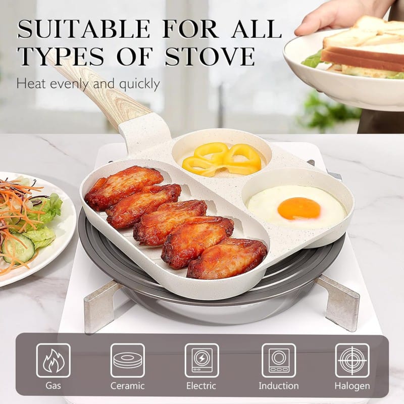 Picture of Ultimate 3-in-1 Non-Stick Breakfast Frying Pan, Granite Multi-Section Egg Omelette Skillet with Heat-Resistant Wood Grain Handle, Compatible with Induction and Gas Stoves for Healthy, Evenly Cooked Pancakes, Burgers, and Family Meals.-Multicolor