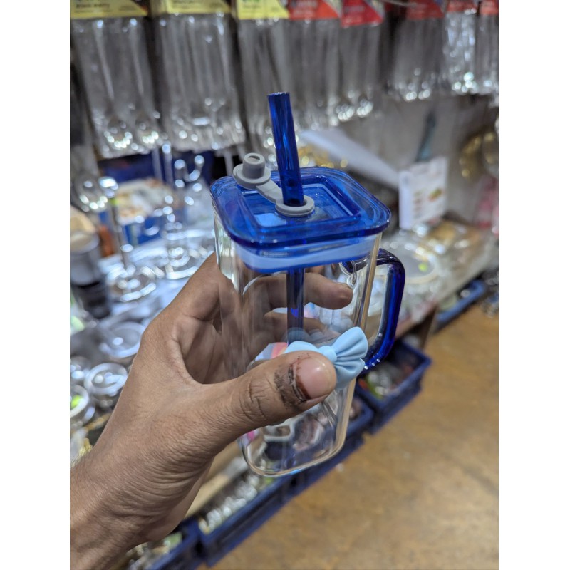 Picture of Premium Square Borosilicate Glass Coffee Mug featuring Aesthetic Blue 3D Bow Decoration, Leakproof Lid, Matching Reusable Straw, and Ergonomic Handle for Stylish Iced Tea, Smoothies, Milk, Juice, and Trendy Home Drinkware.-Multicolor