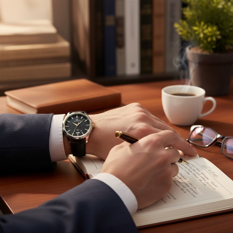 Picture of Men's Luxury Business Quartz Wristwatch Featuring Premium Black Leather Strap Two-Tone Silver Gold Bezel Elegant Analog Display with Date Function for Formal Professional Office Wear and Corporate Gifting Style Accessories.-Black