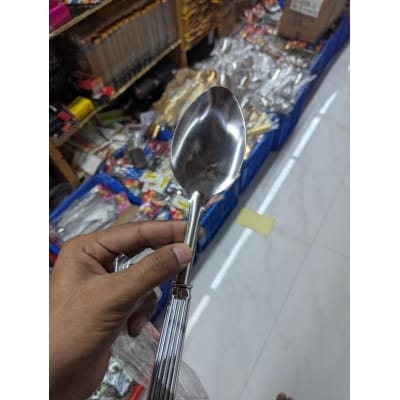 Picture of Premium 18/10 Stainless Steel Bouillon Spoon featuring a classic Doria pattern fluted handle with superior mirror-polished finish, perfect for elegant formal dining, luxury hotel tableware, and professional catering services worldwide today.-Silver