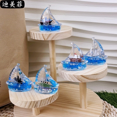 Picture of 1 pcs Acrylic Sailboat Figurine with Star Glitter & Mineral Oil Novel Ocean-Themed Home Decor for Gifts-Multicolor