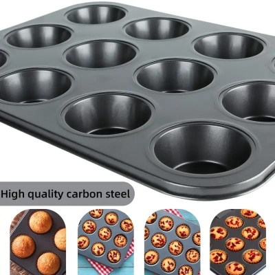 Picture of A Cupcake Baking Tray with 12 Cups, Non-Stick Baking Pan, Brownie Baking Tools, Cupcake Tray, Oven Baking Tray for The Kitchen.-Black