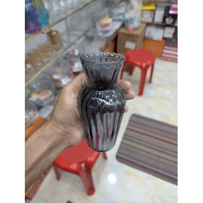 Picture of Exquisite Hand-Blown Murano Style Art Glass Vase Featuring Elegant Vertical Red and Black A Canne Striped Design with Ribbed Texture and Scalloped Rim for Sophisticated Mid-Century Modern Home Interior Decorative Centerpiece Displays-Multicolor