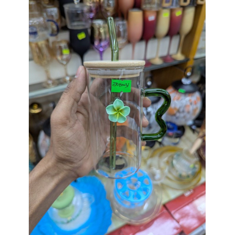 Picture of Premium Borosilicate Square Shape Glass Pookie Mug with Eco-Friendly Bamboo Lid and Reusable Glass Straw for Iced Coffee Juice Milk Tea and Smoothies Perfect for Home Office Use Stylish Green Handle.-Multicolor