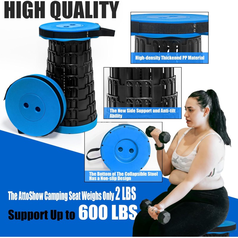 Picture of 1PCS Foldable and Stretchable Plastic Stool – Adjustable Height Round Stool with 330LB Capacity, Lightweight Portable Chair for Home, Camping, Fishing, Outdoor Travel, Compact and Durable (Black)-Blue