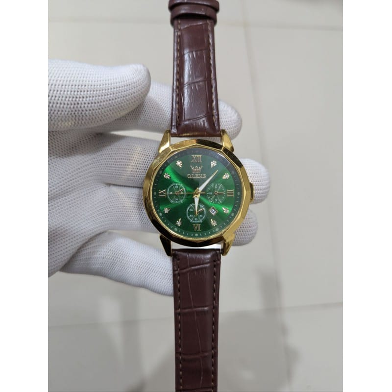 Picture of New Men’s Business Watch Gold Case Black Face Design Brown Leather Strap Quartz Analog Movement Water Resistant Construction Three Decorative Dials Calendar Display Premium Quality Men’s Fashion Accessory for Unique Style Daily.-Multicolor