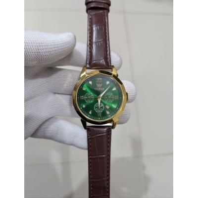 Picture of New Men’s Business Watch Gold Case Black Face Design Brown Leather Strap Quartz Analog Movement Water Resistant Construction Three Decorative Dials Calendar Display Premium Quality Men’s Fashion Accessory for Unique Style Daily.-Multicolor