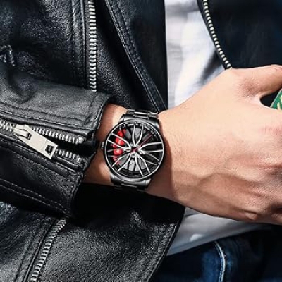 Picture of Premium Car Wheel Rim Hub Design Men's Quartz Wrist Watch with Waterproof Stainless Steel Strap, 3D Rotating Dial, Sporty Aesthetic, and High-Precision Timekeeping for Automotive Enthusiasts and Modern Fashion Lovers.-Black
