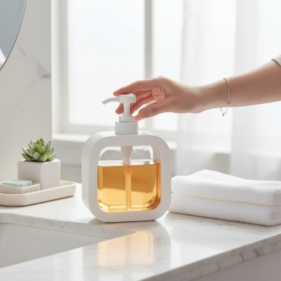 Picture of Modern white square-shaped plastic soap dispenser featuring a clean exterior shell and a clear internal window for easy liquid level monitoring perfect for enhancing your bathroom vanity or modern kitchen sink decor.-white