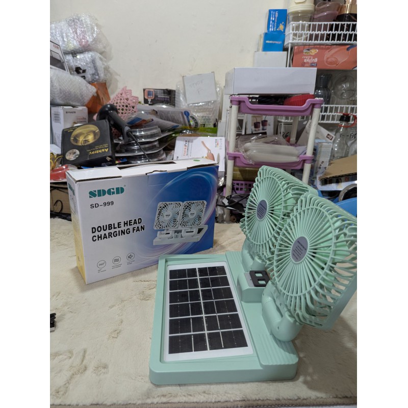 Picture of High-Performance Double Head Solar Charging Fan SDGD SD-999 Rechargeable Battery Powered Portable Cooling Desktop Fan with Attached Solar Panel and USB Charging Support for Home Office Cars Travel Outdoors Emergency Use.-Multicolor