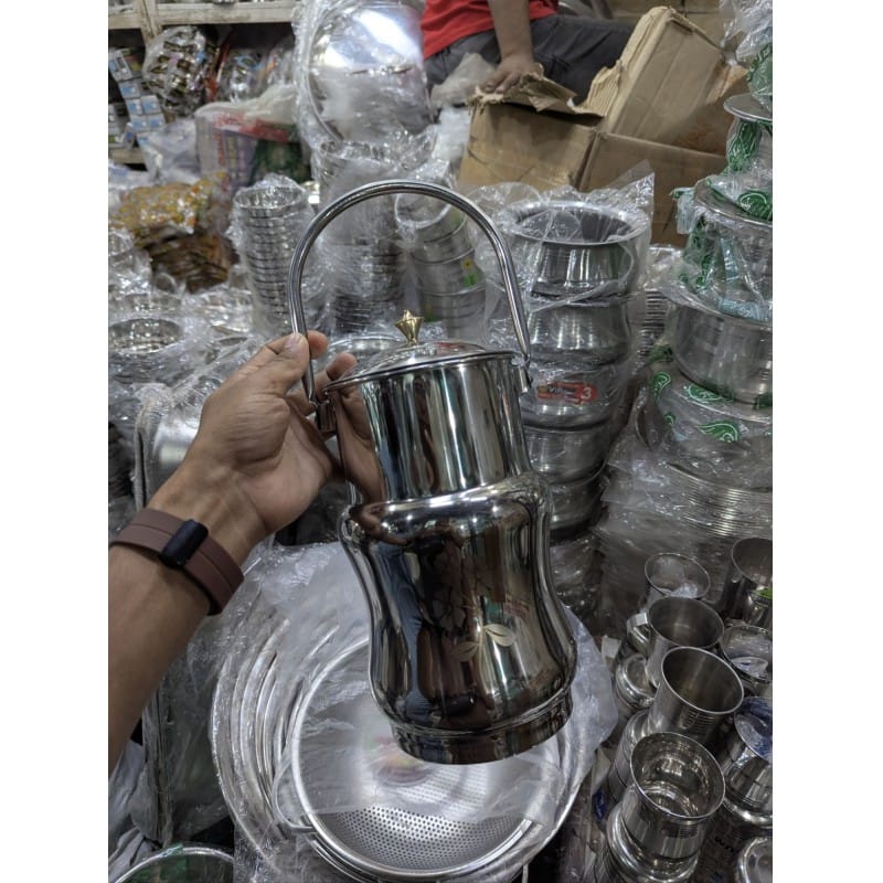 Picture of Premium High-Gloss Mirror Finish Stainless Steel Milk Pot Barni Featuring Elegant Floral Engraving and Decorative Brass Knob Lid Ideal for Hygienic Storage of Fresh Milk Ghee Oil and Kitchen Liquid Items.-Multicolor