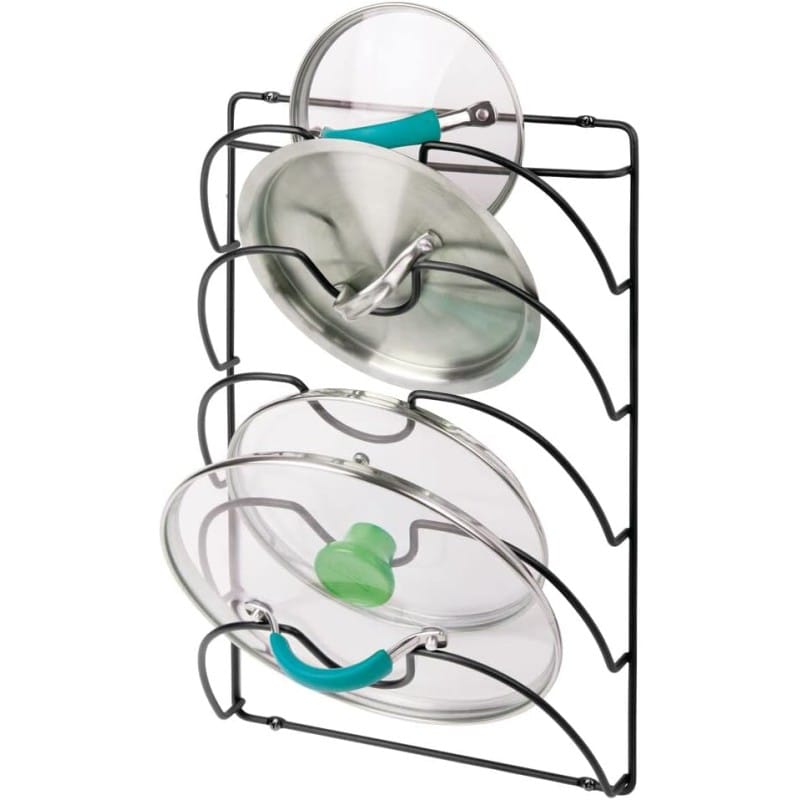Picture of 1 pcs Metal Wire Pot and Pan Lid Rack Organizer for Kitchen Cabinet Doors or Wall Mount - Upright Storage Holder with 5 Slots - Black-Black