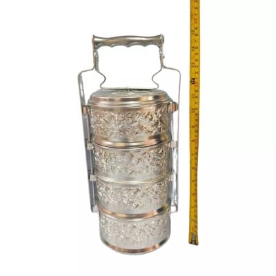 Picture of Food Carrier Thai Decorated 4 Stacks 14cm Aluminium Silver Pinto Sale Promotion-Silver