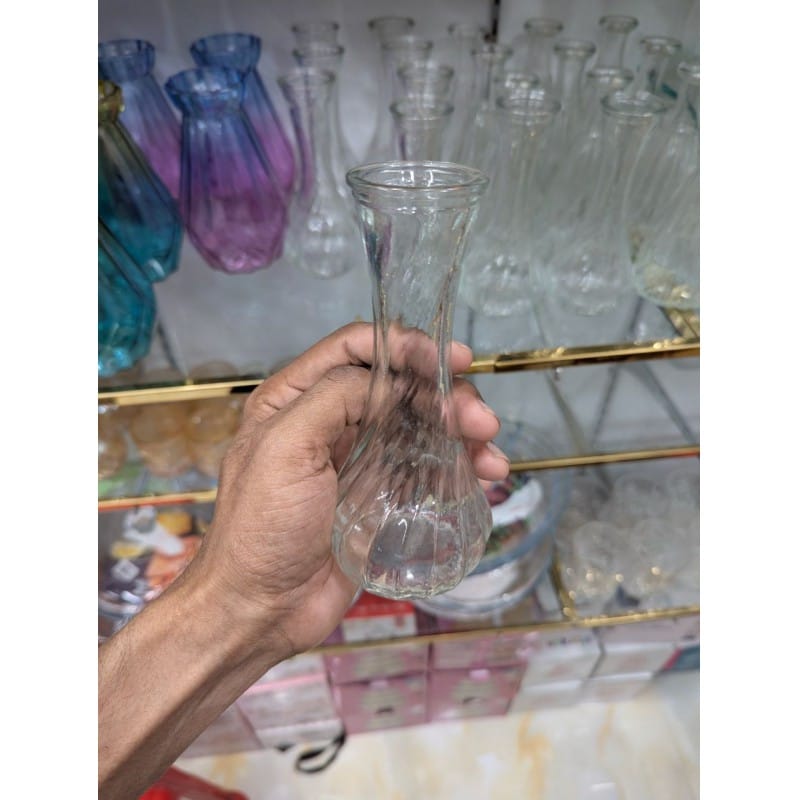 Picture of Elegant Clear Swirl Glass Bud Vase for Single Stem Flowers, Decorative Ribbed Small Glass Vase for Modern Home Decor, Wedding Centerpieces, and Office Tabletop Arrangements - 6 Inch Tall Vintage Style Glassware.-Multicolor