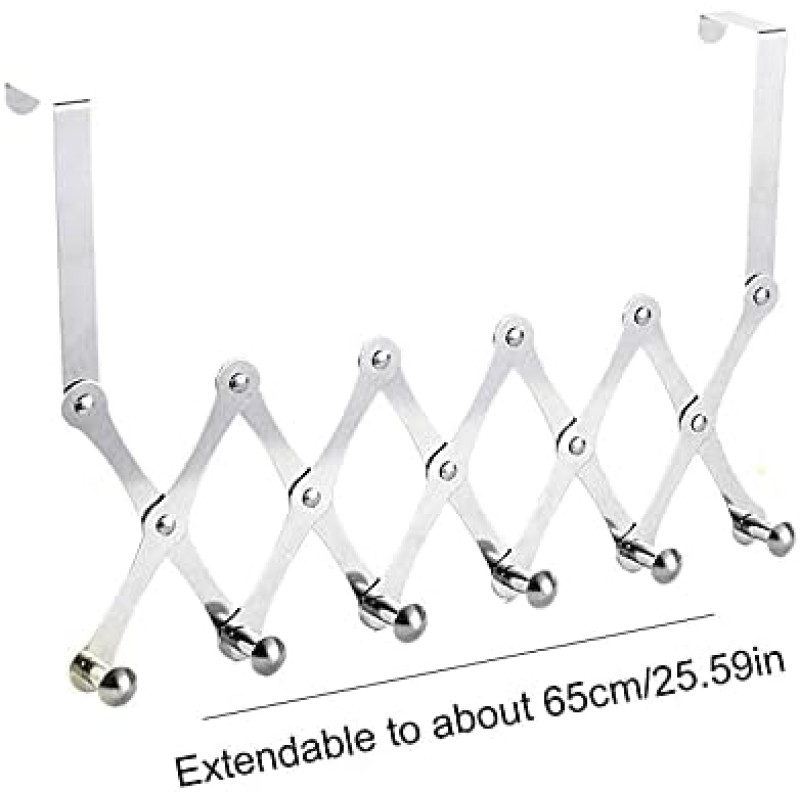Picture of Door Hooks, Extendable Door Hook Rail, Door Coat Rack with 6 Hooks, Hook Rail Door Door Hook for Bathroom Hallway and Bedroom Coat Hook Without Drilling (Silver)-Silver