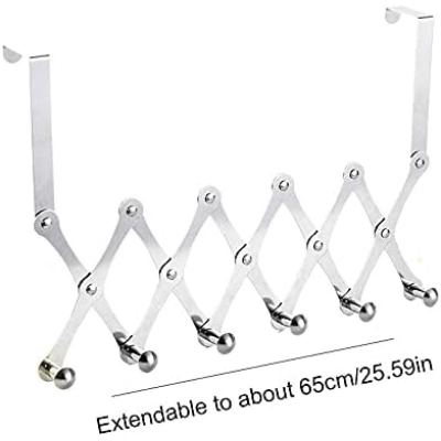 Picture of Door Hooks, Extendable Door Hook Rail, Door Coat Rack with 6 Hooks, Hook Rail Door Door Hook for Bathroom Hallway and Bedroom Coat Hook Without Drilling (Silver)-Silver