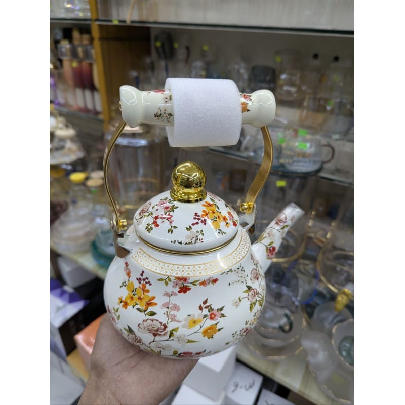 Picture of Premium Quality Favourite Floral Enamel Tea Kettle with Heat Resistant Ceramic Handle Durable Carbon Steel Construction Elegant Rose Design Porcelain Coating Suitable for Induction Gas Electric Stovetop Boiling Water Teapot Home.-Multicolor